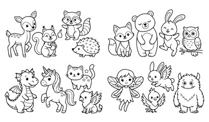 Fototapeta premium Cute hand drawn woodland and domestic animal collection featuring deer cats dogs rabbits bears birds and playful wildlife characters