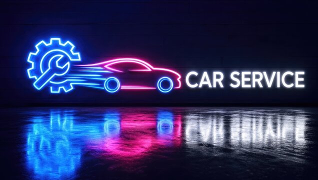 Glowing neon sign for a car service garage featuring a stylized car and tools with vibrant blue and pink reflections.