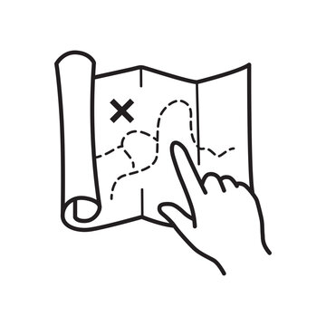 Simple line art icon showing a hand pointing to a mark on a treasure map, representing navigation, travel planning, adventure, discovery, and directional strategy.