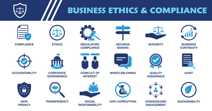 Business Ethics and Compliance Icon Set. Collection of Corporate Governance, Accountability, Transparency, Anti-Corruption, Data Privacy, Social Responsibility and More Icons. Editable Vector.