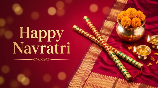 Happy Navratri greeting banner with decorated dandiya sticks, red silk saree with golden zari border, brass bowl of marigold flowers and lit diyas on maroon bokeh background