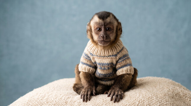 Young monkey wearing a sweater and sitting on a cushion  