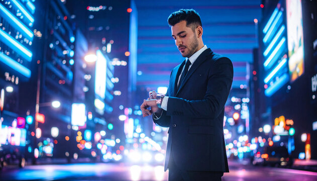 A focused businessman in a sharp suit checks his watch amidst the glowing neon city night. This cinematic image captures ambition, urban timing, and modern professional success in a busy metropolis.