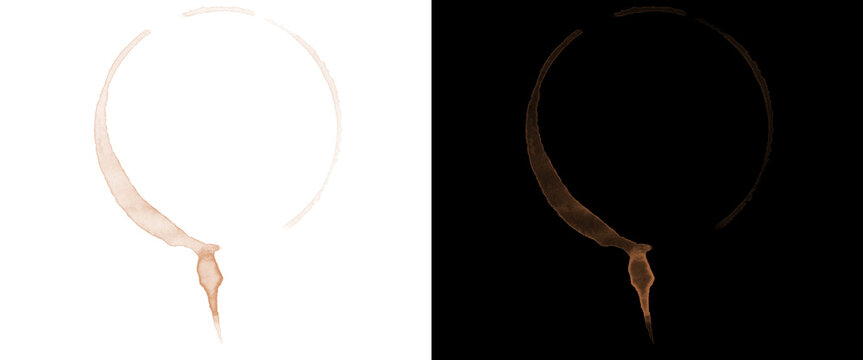 Coffee Cup Ring Stain with Drip Isolated on White and Black Background