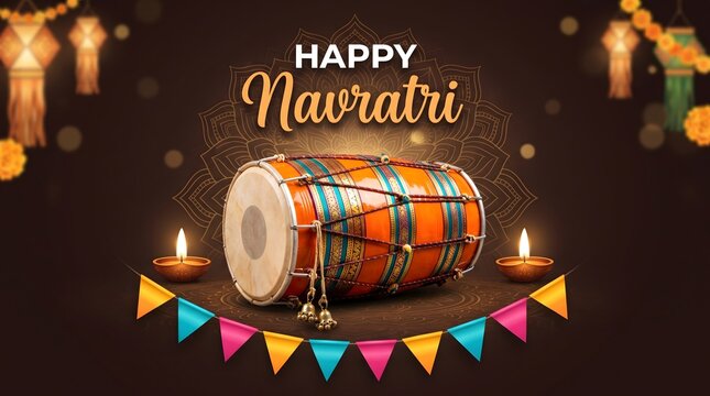 Happy Navratri greeting banner with colorful dhol drum, lit diyas, bunting flags, marigold garlands and hanging lanterns on dark brown background