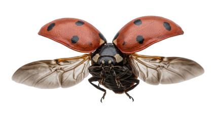 Red ladybug flying isolated on transparent background ladybird beetle spots wings open elytra spread coleoptera garden insect beneficial predator pest. © ATIQULISLAM