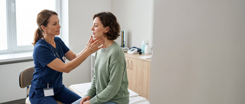 Endocrinologist performs thyroid examination on adult patient, gently checking the neck to support thyroid health, diagnosis, preventive healthcare and specialist patient care.