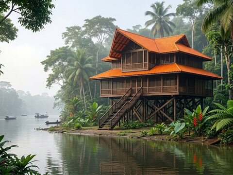 Traditional wooden stilt house on lake shore surrounded by lush green tropical trees