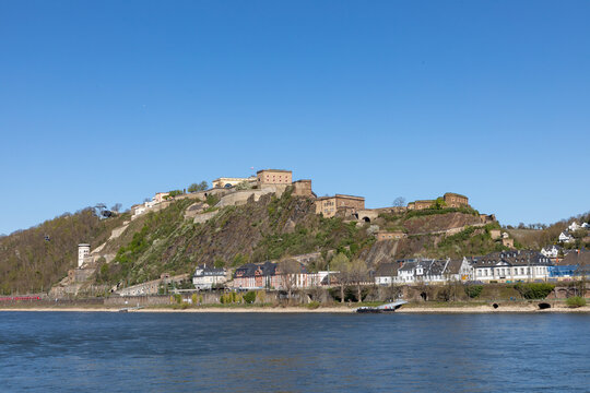 view to Feste Ehrenbreitstein at river Rhine in Koblenz