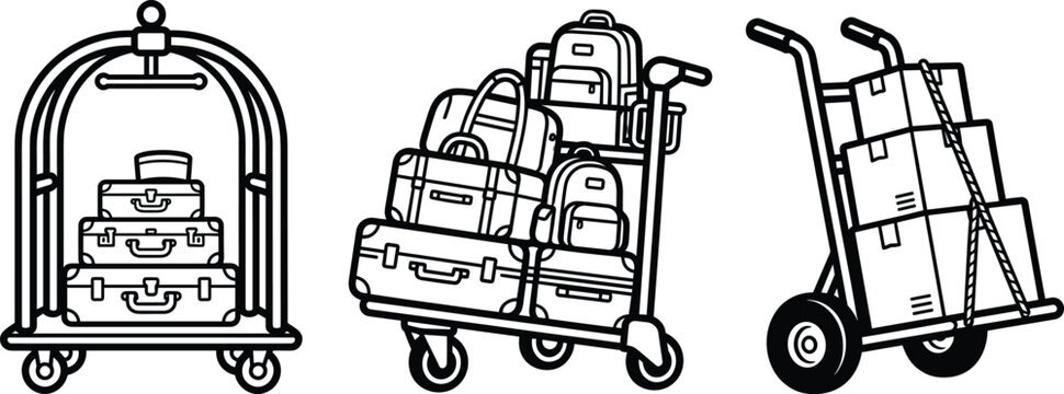 Hotel Luggage Trolley and Warehouse Hand Truck Vector Icon Set for Travel Logistics