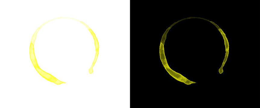 Yellow liquid ring stain and splash circle isolated on white and black background