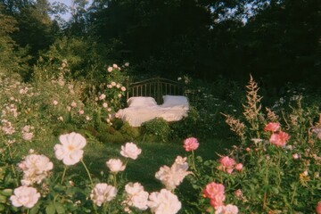 Obraz premium Dreamy garden bed surrounded by blooming flowers in soft light