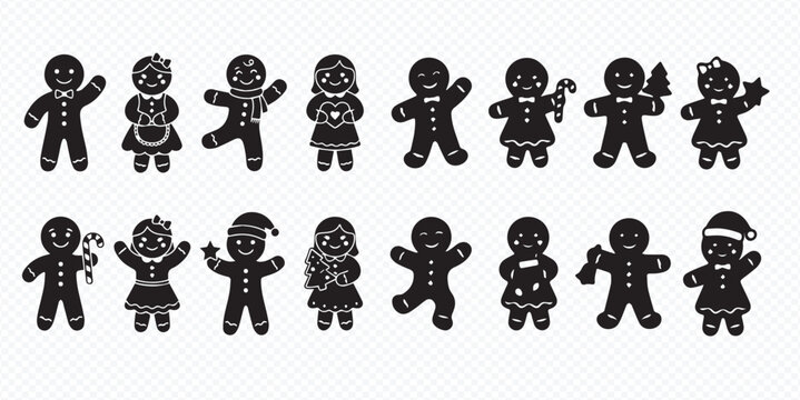 Set of gingerbread man and woman cookies, Christmas holiday bakery treats, vector illustration.
