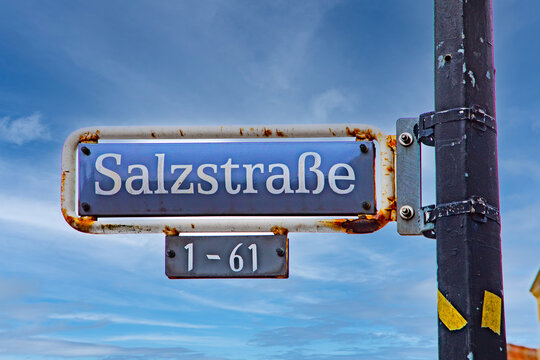enamel street sign Salzstrasse - engl Salt street in M&uuml;nster,