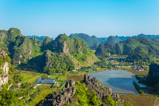 Amazing panorama view of limestone rocks  from Hang Mua Mountain.  Ninh Binh Province, Vietnam.