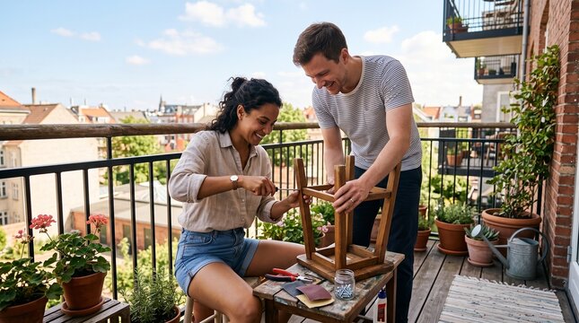 Couple happily assembling wooden chair on balcony with city view