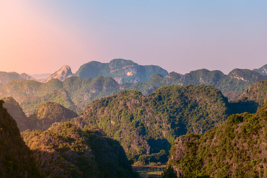 Amazing panorama view of limestone rocks  from Hang Mua Mountain.  Ninh Binh Province, Vietnam.