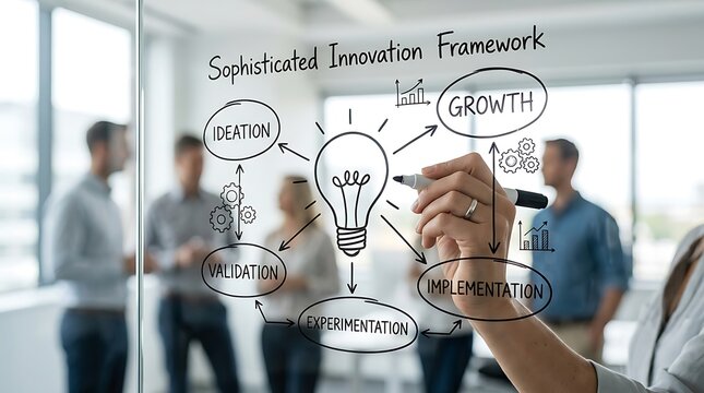 Business professional drawing a sophisticated innovation framework on a glass wall in the office.