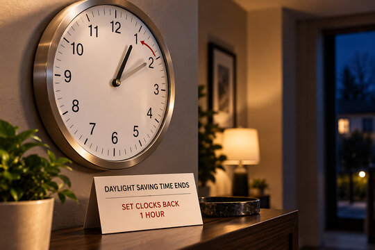 Close-up of a wall clock indicating the end of daylight saving time with a reminder note time change analog clock fall back autumn season time adjustment office clock daylight ending time zone