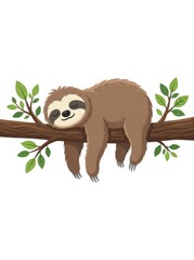 Fototapeta premium Adorable Sleeping Sloth Vector Illustration on a Tree Branch with Green Leaves for Kids Design