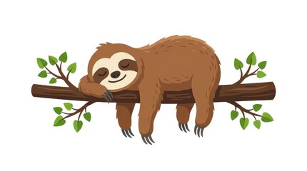 Fototapeta premium Cute Cartoon Sloth Sleeping Peacefully on a Tree Branch Illustration Isolated on White Background for Kids Design