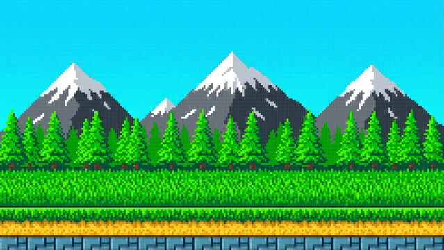 Snowy Mountain Pixel Art Background with Pine Forest, Winter Evergreen Forest Pixel Art Landscape with Snow Covered Mountains