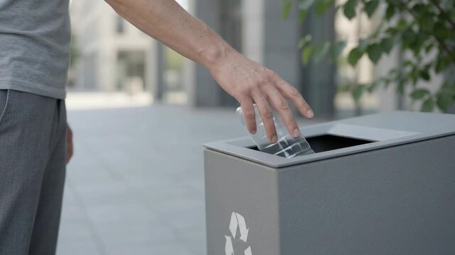 Person recycling plastic bottle in public bin