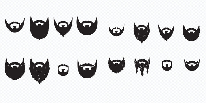 Set of various beard and mustache styles for men, black silhouettes on white background.