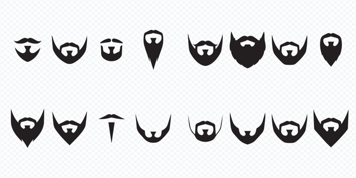 Set of various beard and mustache styles for men, black silhouettes on a transparent background.