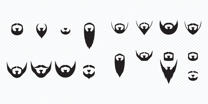 Collection of various beard and mustache styles for men, black silhouettes on a white background.