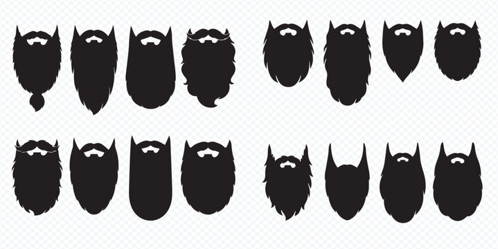 Collection of various beard and mustache styles for men, black silhouettes on white background.