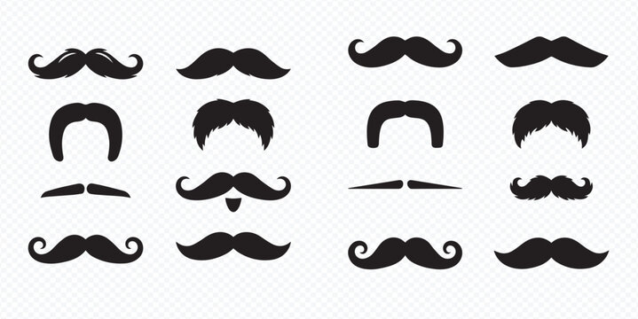 Set of black mustache icons on transparent background, vintage facial hair styles for men, retro fashion elements.