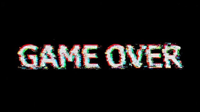Glitching Game Over text with digital distortion over black background for retro arcade concept