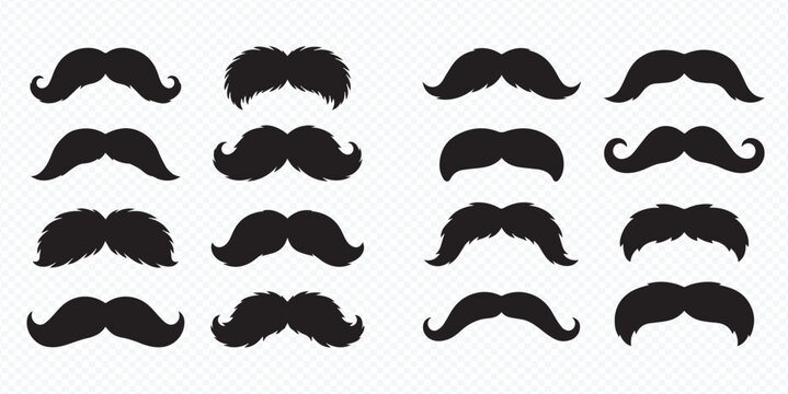 Set of black mustache icons on a transparent background, depicting various styles and shapes for men's facial hair.