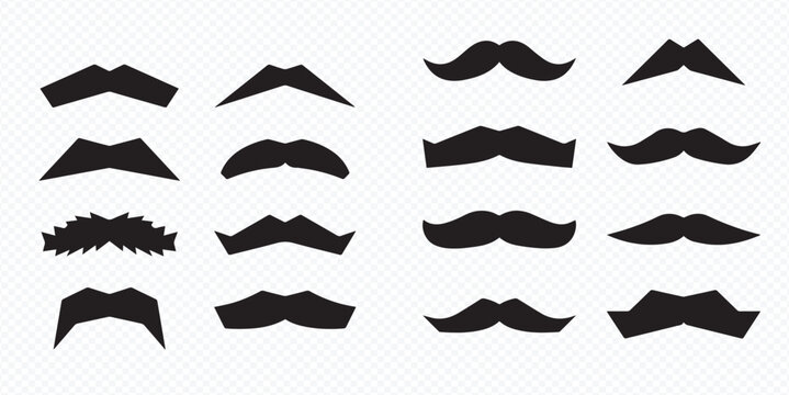 Collection of various black mustache styles, including vintage and modern designs, on a transparent background.