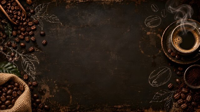 Dark rustic beverage background with steaming espresso, roasted beans, burlap sack and chalk botanical drawings for cafe menu branding