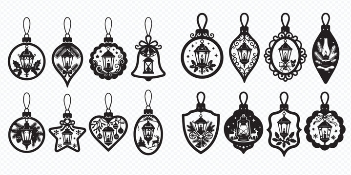 Set of black and white Christmas ornaments with lanterns and floral patterns, vector illustration.