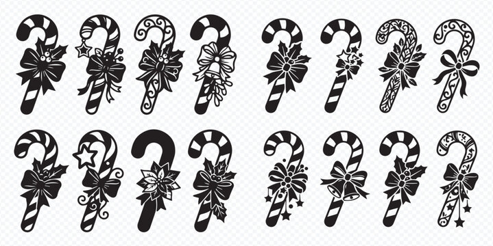 Set of black and white Christmas candy canes with bows and festive decorations, holiday season design elements.