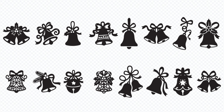 Set of black silhouette Christmas bells with bows and ornaments, vector illustration for holiday design.
