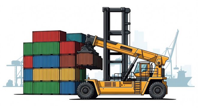 Industrial reach stacker lifting shipping containers in a busy port terminal, vector illustration representing global logistics, freight transport, and maritime operations.