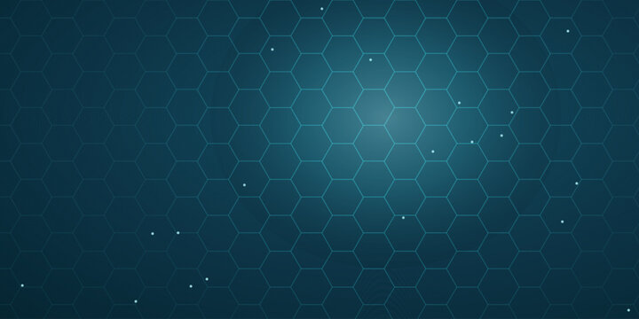 Abstract hexagon pattern on a dark teal background with small glowing particles.