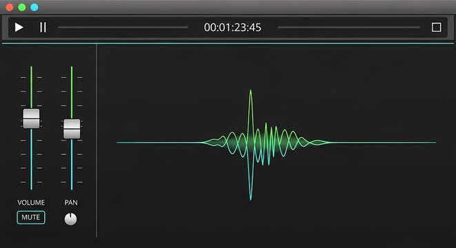 Professional digital audio workstation interface featuring green waveform sound visualizer volume sliders and media playback controls on dark UI background for music production.
