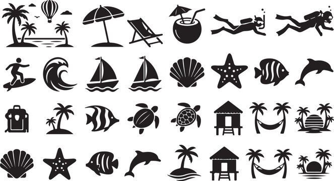 Set of black silhouette depicting tropical beach vacation marine life, water sports, and summer holiday travel activities