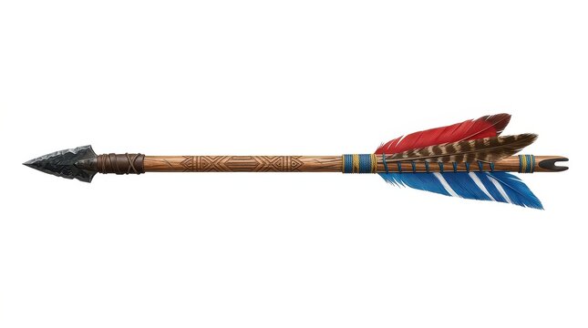 Traditional Native American Style Arrow with Flint Arrowhead and Colorful Feathers Isolated on White Background