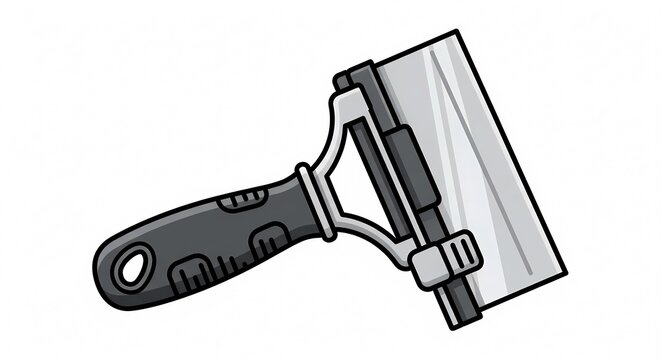 Professional handheld glass scraper and window cleaning tool with wide metal blade and ergonomic handle for automotive and home maintenance, isolated vector illustration.