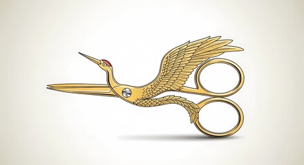 Fototapeta premium Vintage gold stork embroidery scissors isolated on light background. Elegant crane shaped sewing shears for handicraft, needlework, and professional tailoring craft projects.