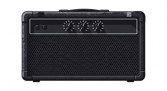 Vintage electric guitar amplifier illustration with control knobs and mesh speaker grille, isolated on white background for rock music and concert design concepts.