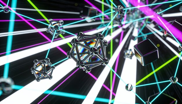 Hovering strut-and-node metallic polyhedral cluster gliding in dark void, reflecting mirror spheres