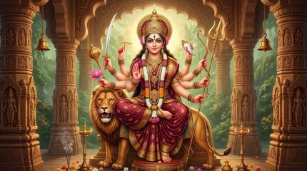 Fototapeta premium Goddess Durga Sitting on Lion with Multiple Arms Holding Weapons in a Sacred Temple Setting for Navratri Festival