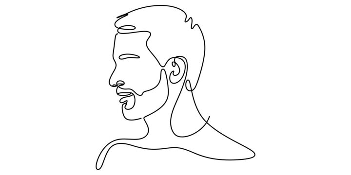 Continuous line drawing of bearded man face side profile for minimalist portrait design.